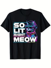 Men's DJ Cat So Lit Right Meow Neon Glow T Shirt EDM Party Tee with DJ Cat Hea