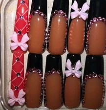 Brown Black Pink Press-On Nails Long Coffin 3D Bow Full Cover Pre-Designed