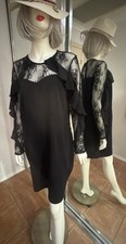 Black Long Lace Panels Frill Sleeves Short Dress /Lace Appliqu� Size 18 NWT