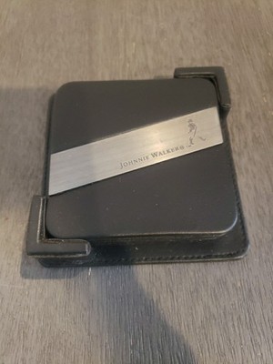 Johnnie Walker Scotch Whiskey Coasters Set of 4 Faux Black Leather With Holder