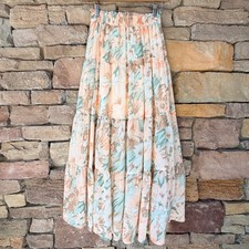Entro S Floral Peach Sage Green Wide Elastic Waist Tiered Maxi Skirt Romantic