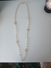 Gold White Flower Clover Necklace Long Faux Pearl Chain New Fashion