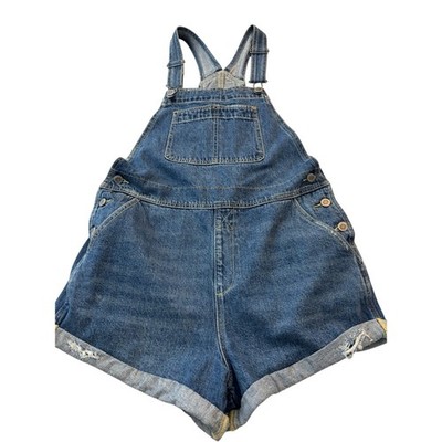 RVCA Women's Denim Shortalls Large Blue Jean Overall Romper Rolled Hem L