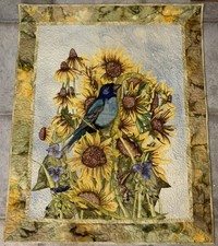 Exquisite 32 X 26 Hand Created Quilted Stitched Sunflower Bird Wall Art