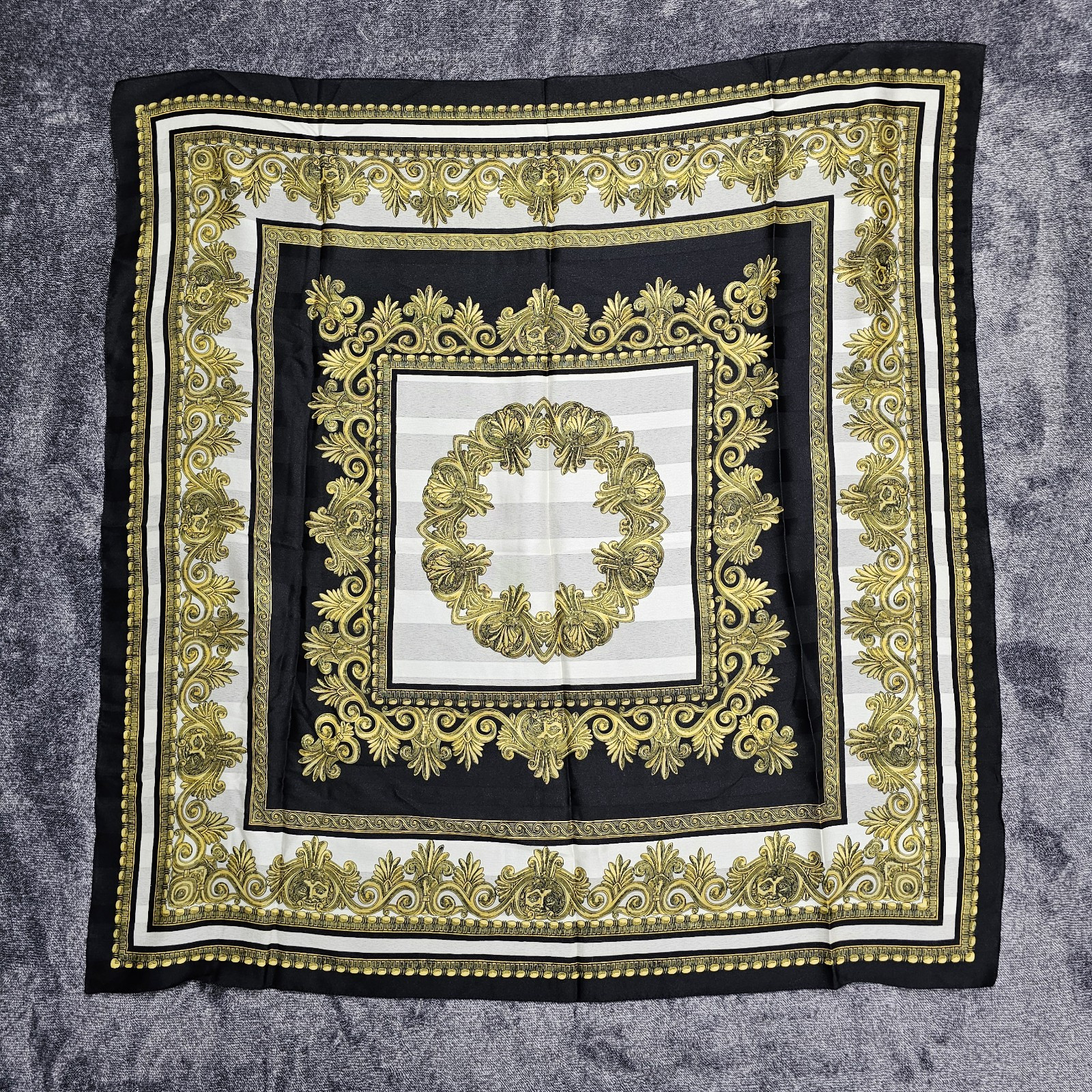 Vintage Gold Black White Baroque Greek Sculptural Heads Square Silk Wrap Scarf
