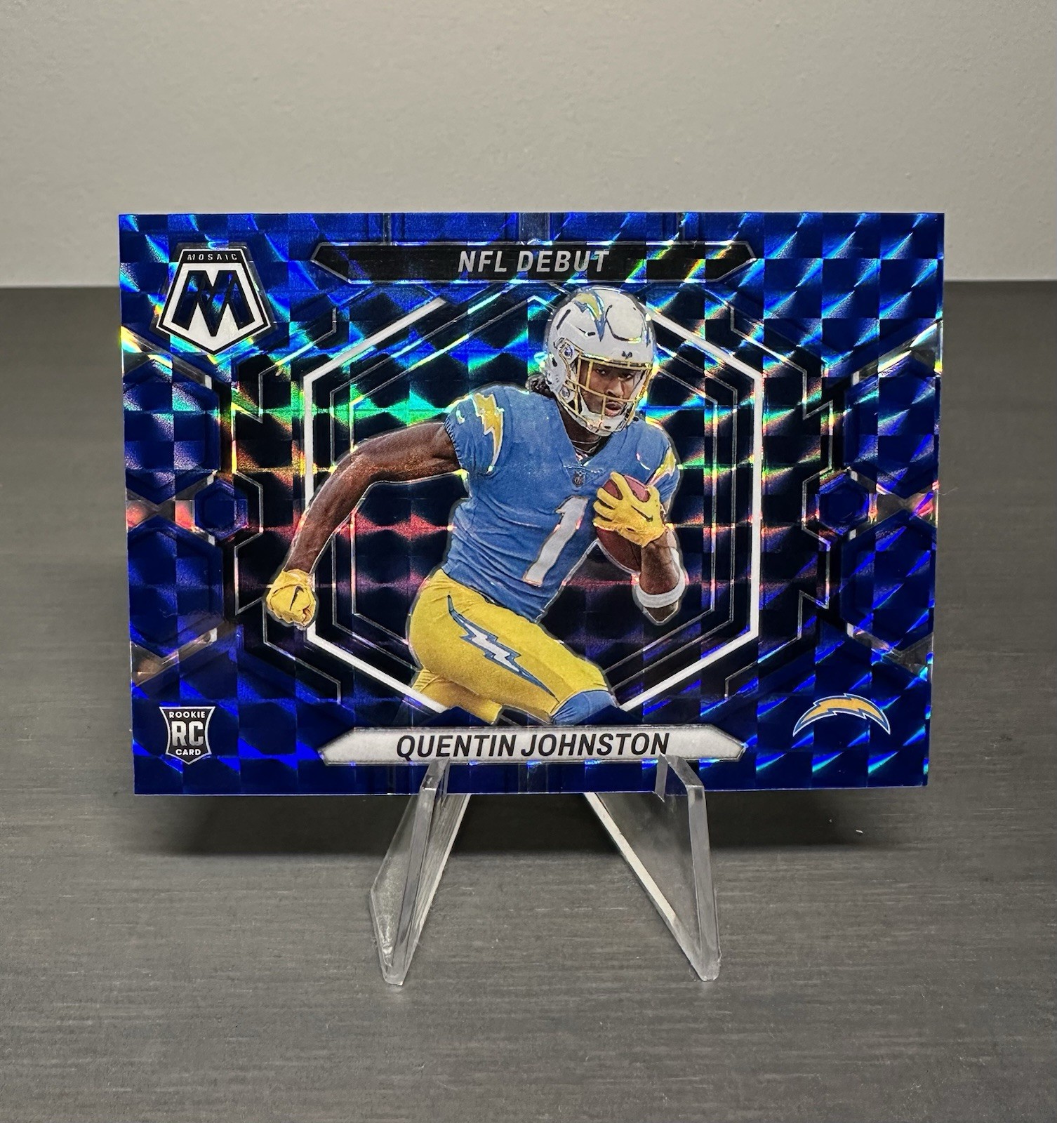 2023 Panini Mosaic #ND-16 Quentin Johnston Rookie NFL Debut Blue Prizm #'d /99