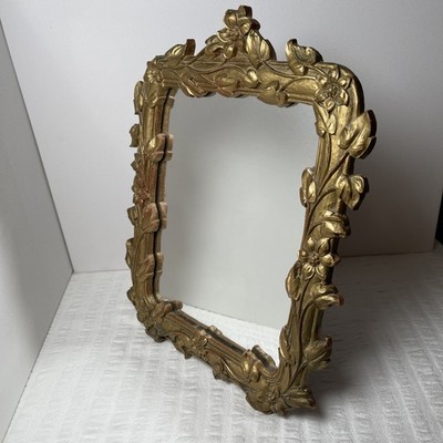 VTG Syroco Wood Gold Ornate Tabletop Stand Mirror Hollywood Regency 14  x 11  