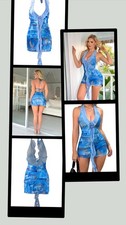 NWOT! Sexy Halter Floral Deep V Neck Backless Ruffle Layered Mesh Mini Dress MED