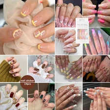 24Pcs False Nails French Ombre Colorful Long Coffin Almond Full Press On Nails ɞ