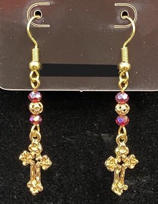 Handmade Cross Iridescent Red Crystal & Gold Tone Bead Earrings by Neanie-Bot