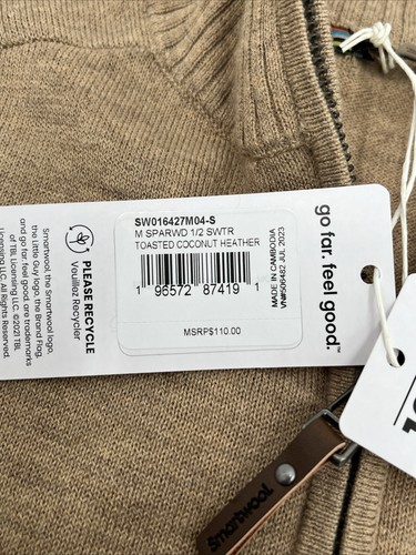 $110 Smartwool Men's Sparwood Zip-Neck Sweater-Toasted Coconut Heather-Small-New - Picture 8 of 8