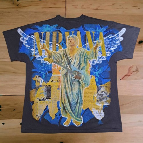 Nirvana T Shirt Vintage Style Kurt Cobain Over Print Size XL Black nirvana-t-shirt-vintage-style-kurt-cobain-over-print-size-xl-black