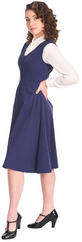 Banned »PRIM PLAIN« Vintage Träger V-NECK SWING DRESS Kleid - Navy Rockabilly - Bild 3 von 5