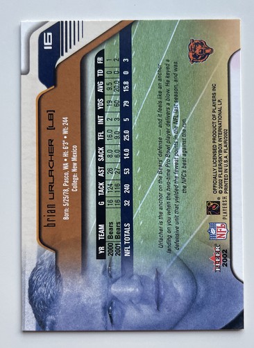 2002 Fleer Flair #16 Brian Urlacher Chicago Bears Football Card - Picture 2 of 2