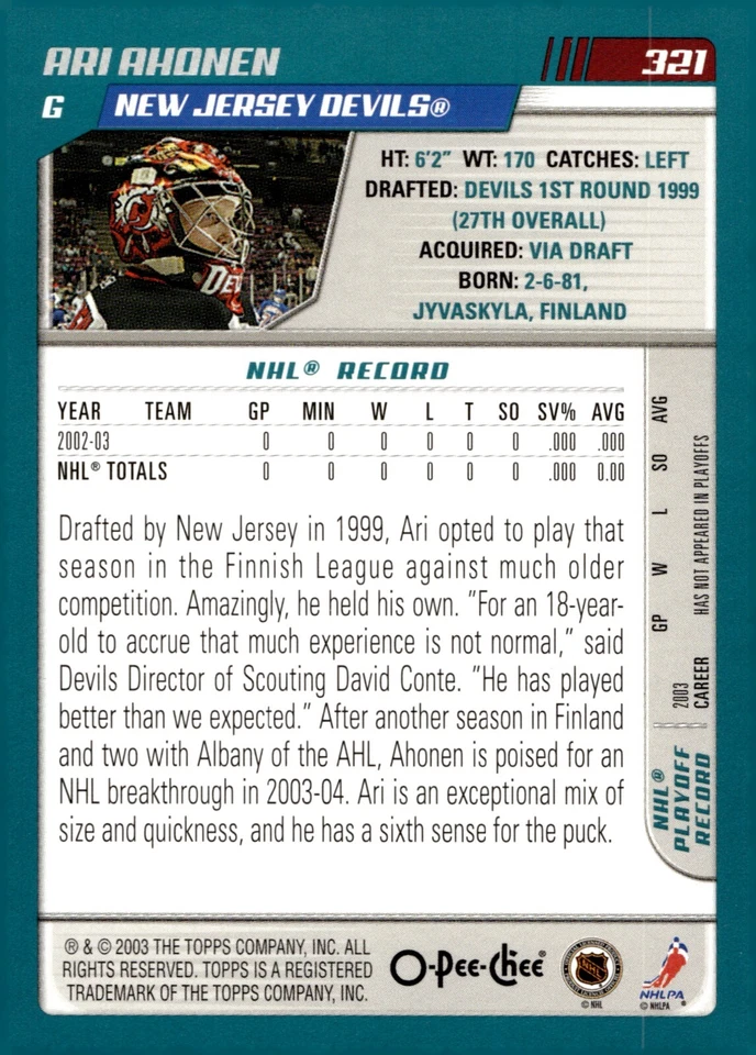 Ari Ahonen - Signed 2003-04 Topps O-Pee-Chee NHL Prospect Rookie Card #321 - Image 2 of 2