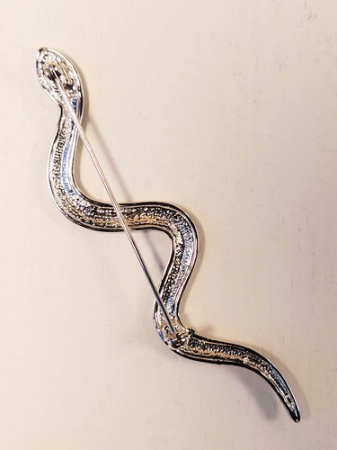 Vintage Snake-Shaped Silver Tone Black Enamel Rhinestone Brooch - Picture 4 of 4