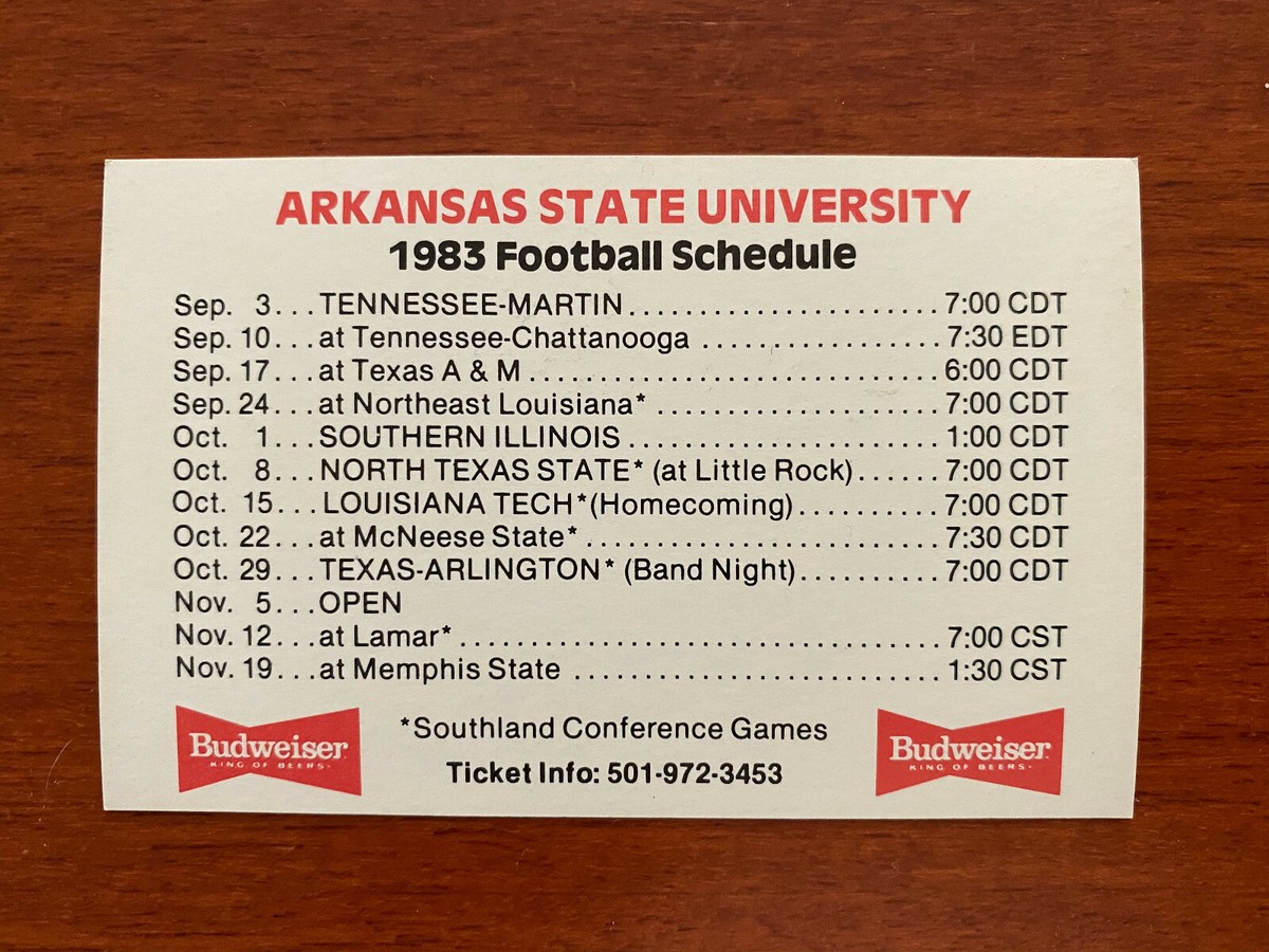 cfb-1983-arkansas-state-st-indians-red-wolves-college-football-schedule-bud-beer-ebay