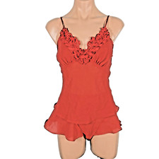 Vintage 90s Delicates Satin Lingerie Camisole Shorts 2 Pc Set S Red Embroidered