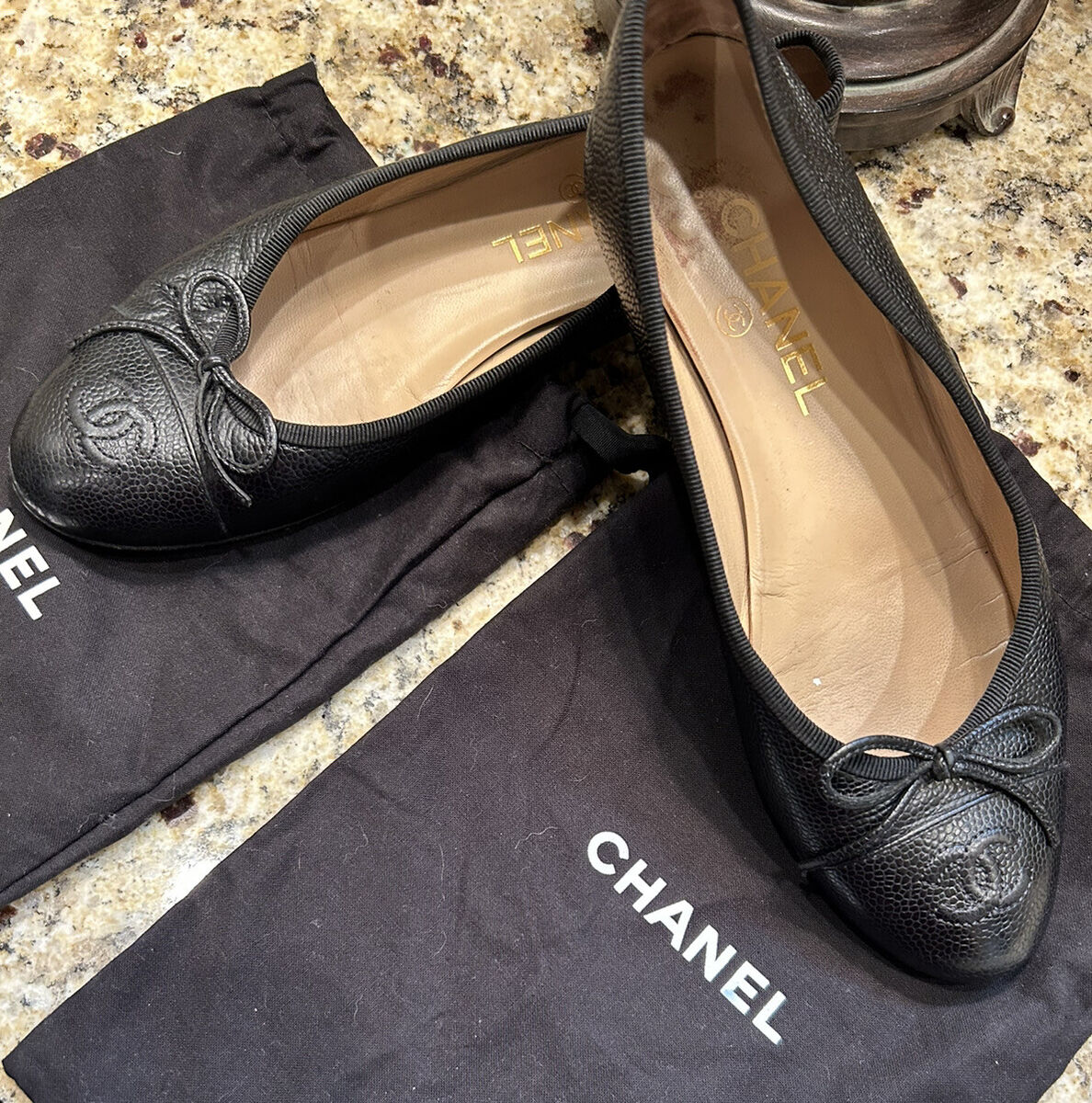 Chanel CC Cap Toe Flats Black Leather BALLERINAS Formal Womens Size 37.5  EUC