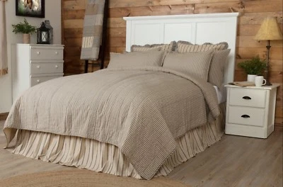 VICTORIAN HEART Reversible King Quilt Coverlet Farmhouse Cream Gray Ticking Stripe Sawyer Mill