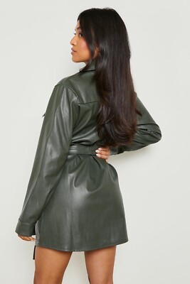 Boohoo NWT! Green Olive Khaki Petite Pu Utility Belted Shirt Dress Size 0 |  eBay