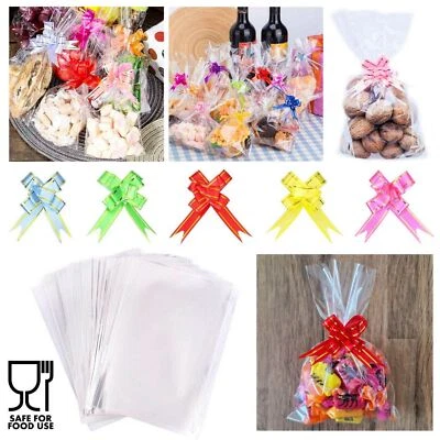 CELLOPHANE SWEET BAGS CLEAR CELLO KID PARTY GIFTS for TREATS COOKIES + PULL BOWS