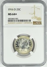 1916 D BARBER QUARTER 25C NGC MS 64+