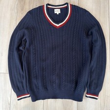 Ben Sherman Men Thick Cable Knit V-Neck Sweater Size M Medium Navy Blue Classic