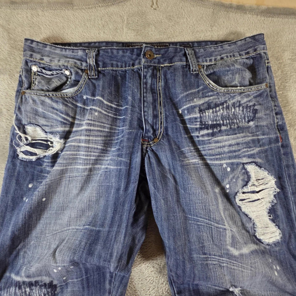 AKOO Brand Jeans Mens 42 Blue Distressed Ripped Paint Splatter Denim Streetwear - Image 2 of 4