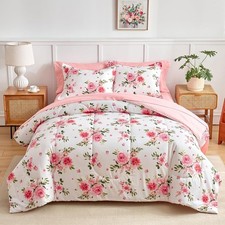 Cal King 7 Piece Floral Comforter Set Bed in a Bag Pink White Bedding Set