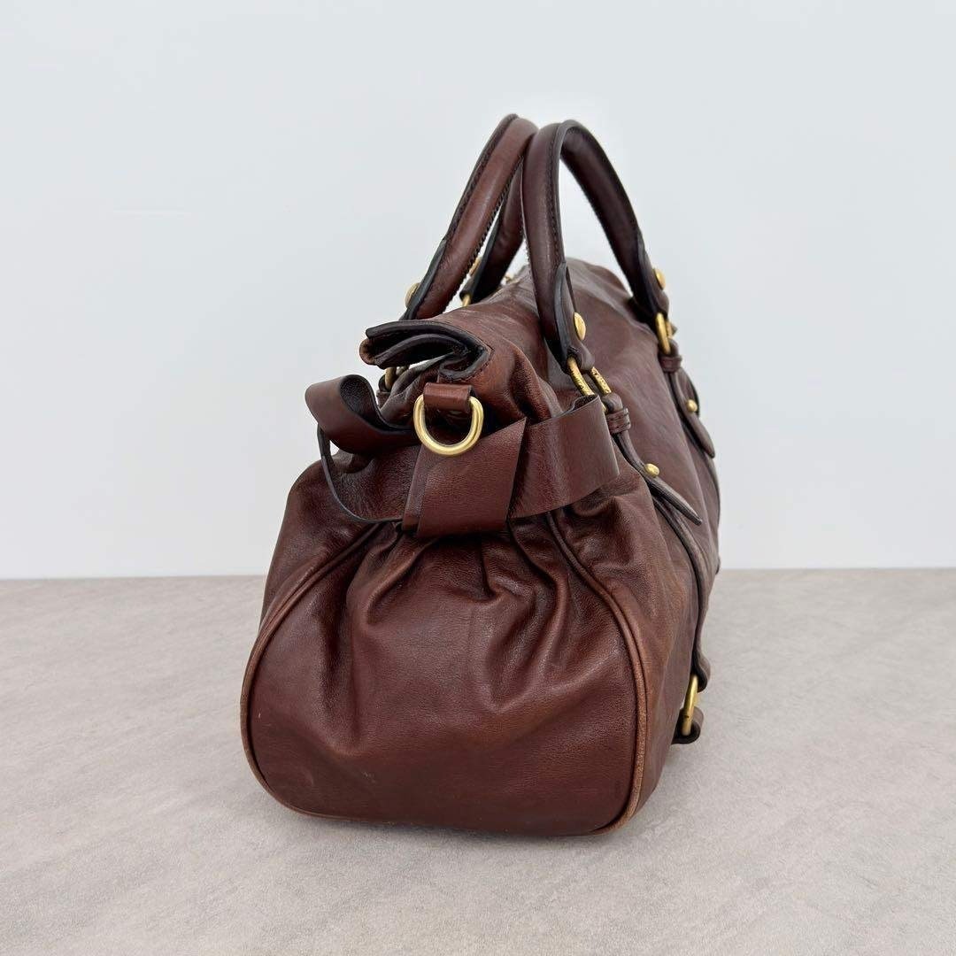 Miu Miu Vitello Lux 2Way Ribbon Leather Handbag Shoulder Bag Brown