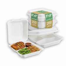 ProTakeOut, 9" x 9" 3-Compartment Bagasse  200 Pack 100/2 Hinged Containers