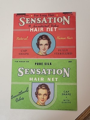 2 - VTG 1924 Sensation Hair Nets Kresge White Human Hair & #190 Grey Silk N.O.S.