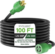 RVGUARD 4 Prong 30 Amp 100 Foot Generator Extension Cord, NEMA L14-30P/L14-30R