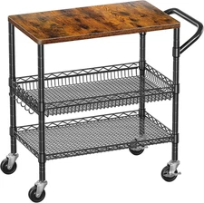 3 Tier Rolling Utility Cart with Wheels Wood Top Adjustable Metal Storage Rack