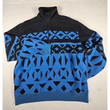 Vintage Trader Bay Sears Mens Medium Blue Black Tribal Geometric Fleece Pullover