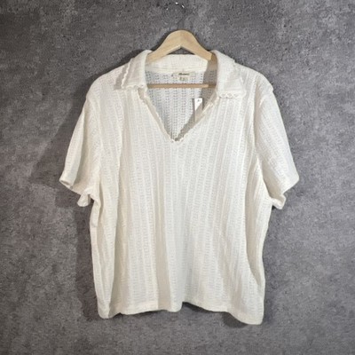 Madewell Womens XL Ivory Crochet Sweater Collared V-Neck Short Sleeve Retro Boho