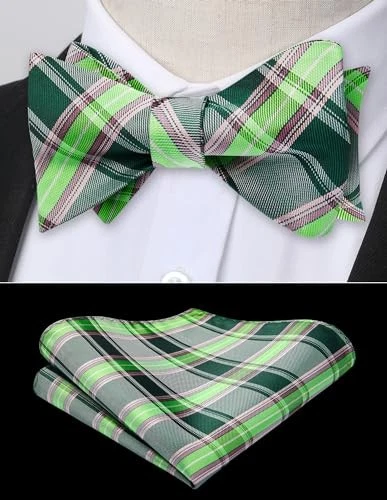 Bow Ties for Men Check Plaid Self Tie Bow Tie and One Size D-04 Green/Grey - Image 2 of 4