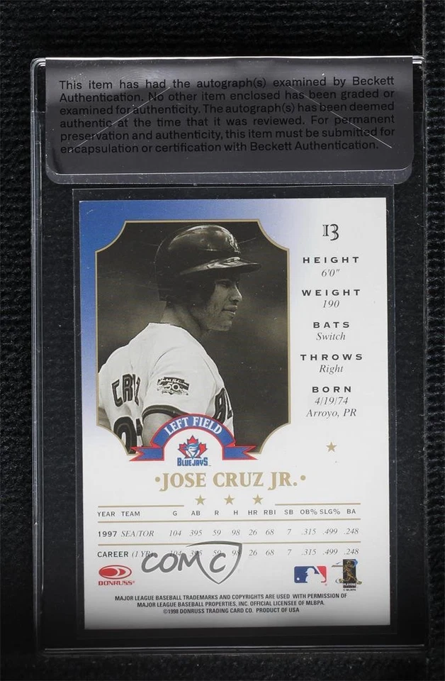 BAS 1998 Leaf Jose Cruz Jr #13 Authentic Auto - Image 2 of 2