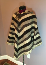 Lauren Ralph Lauren Hooded Striped Cape Poncho Lambswool Wool Blend Brown Tan OS