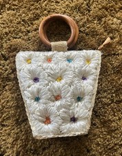 Vintage Straw Burlap Purse Bag Straw Stitched Flowers Fully Lined Jamaica 1972