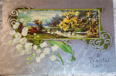Antike geprägte Postkarte von 1909 - ''Ein friedliches Ostern'' - Maiglöckchen Blume
