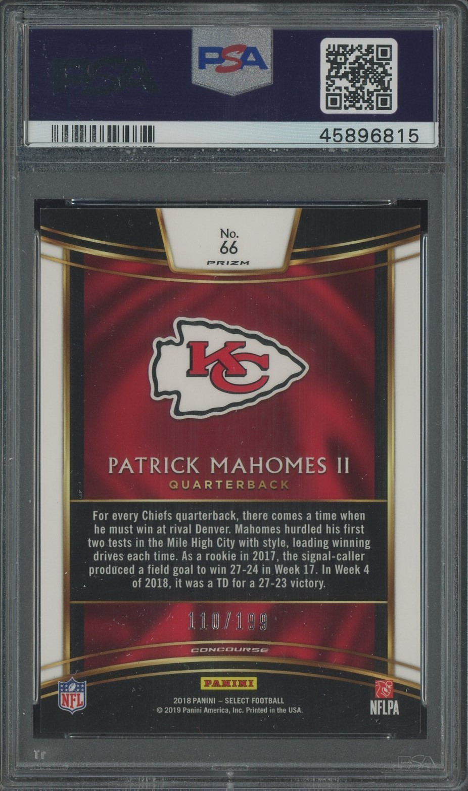 2018 Panini Select Tri-Color Prizm #66 Patrick Mahomes II Chiefs 110/199 PSA 10 view 2