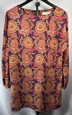 LOFT Long Sleeve Chiffon Paisley Print Mod Retro Shift Dress Purple Modcore XS