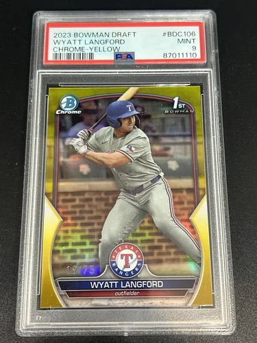 2023 Bowman 1st Chrome Draft Wyatt Langford YELLOW Refractor /75 - Rangers !