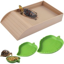 Reptile Water Dish with Ramp Tortoise Food Bowl Basking Platform