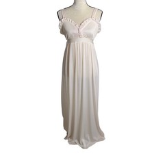 Vtg 70s Texsheen Sz M White Pink Polka Dot Nightgown Long Maxi Ruffle Romantic