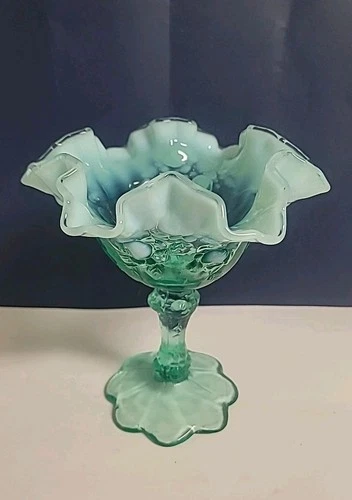 Fenton SEA MIST GREEN OPALESCENT CABBAGE ROSE PATTERN COMPORT