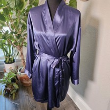 VICTORIA  S SECRET Navy Blue Satin Robe One Size Kimono Wrap Silky Lingerie VTG