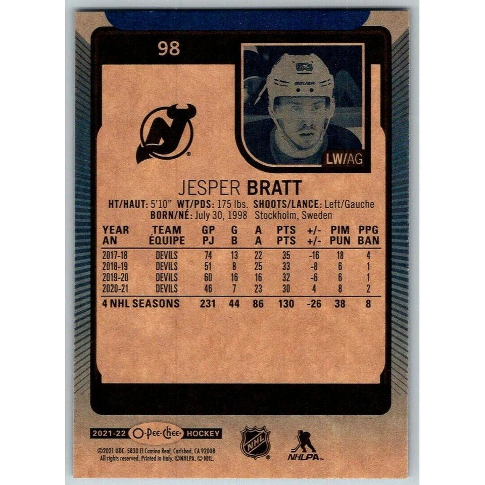 2021-22 O-Pee-Chee Blue Border (UD OPC) Jesper Bratt New Jersey Devils #98 - Image 2 of 2